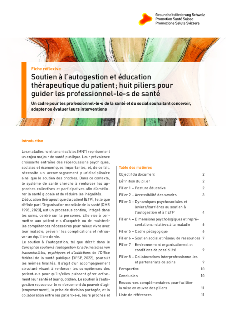 Soutien à l’autogestion et éducation thérapeutique du patient ; huit piliers pour guider les professionnel- le-s de santé